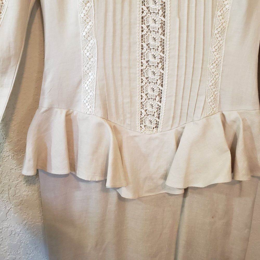 Jessica McClintock Vintage Beige Linen Peplum Ruffle Dress Exquisite, Sz 6 - Picture 6 of 16